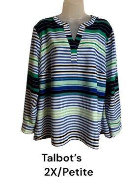 TALBOT'S  Blue, Green & White Striped V‑Neck Spring/Summer Top  2X/PETITE    #10